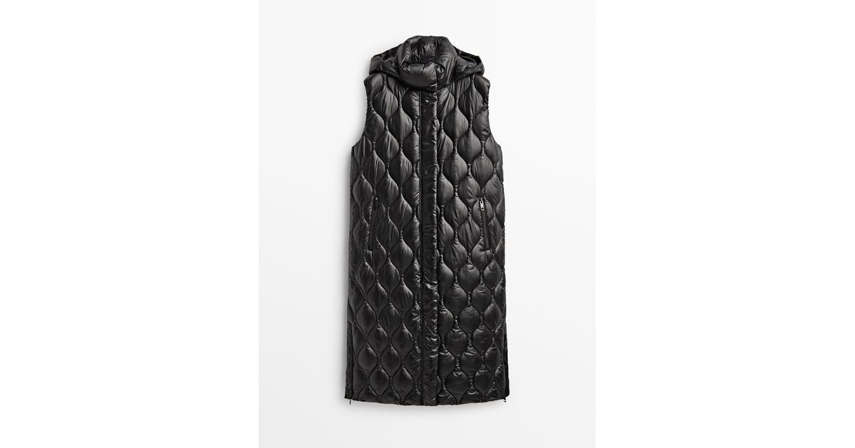 MASSIMO DUTTI Long Quilted Gilet With Hood in Black | Lyst