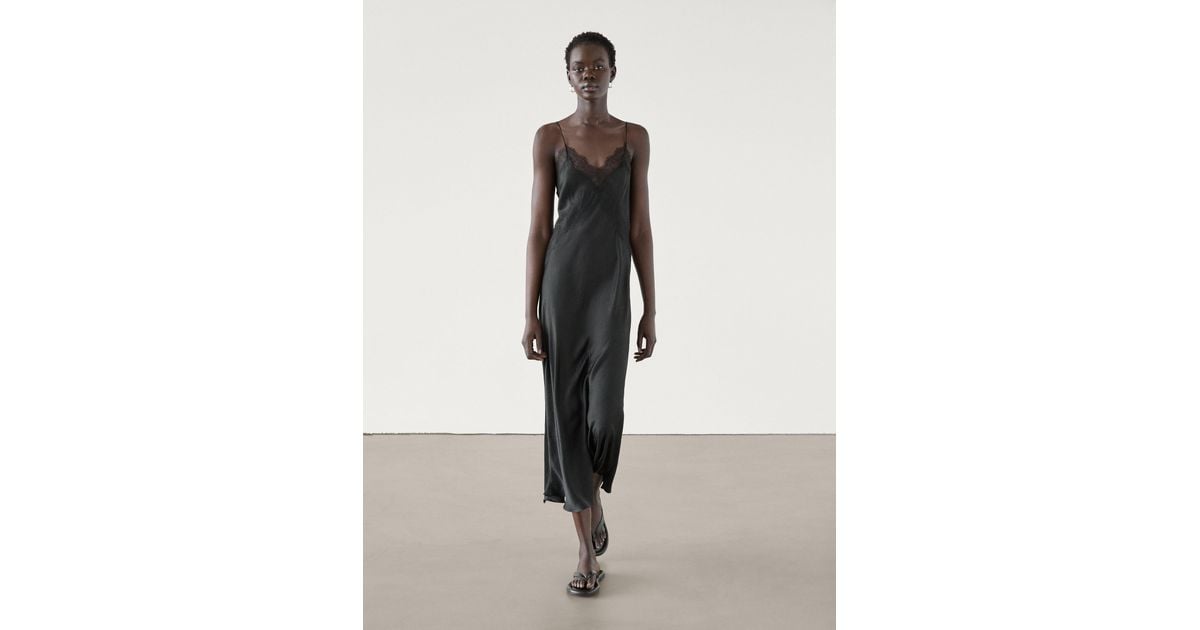MASSIMO DUTTI Lace Midi Slip Dress in Natural | Lyst UK