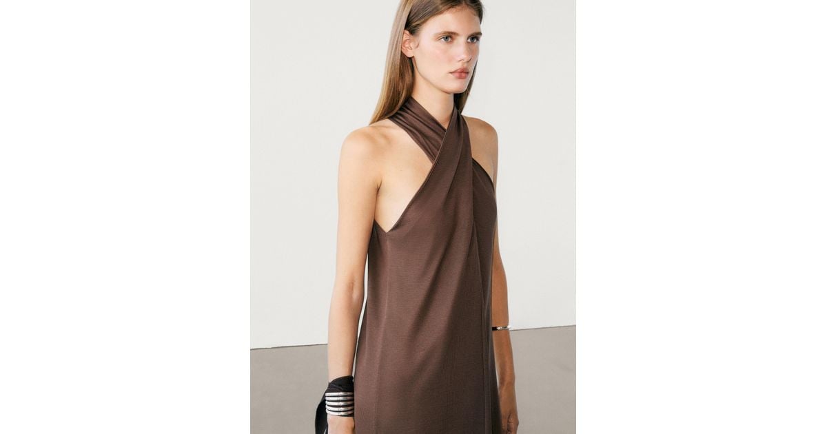 MASSIMO DUTTI Crossover Halterneck Midi Dress in Brown | Lyst UK MASSIMO DUTTI Crossover Halterneck Midi Dress in Brown | Lyst UK