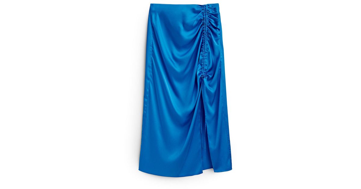 MASSIMO DUTTI Satin Skirt With Gathered Detail And Slit in Blue | Lyst