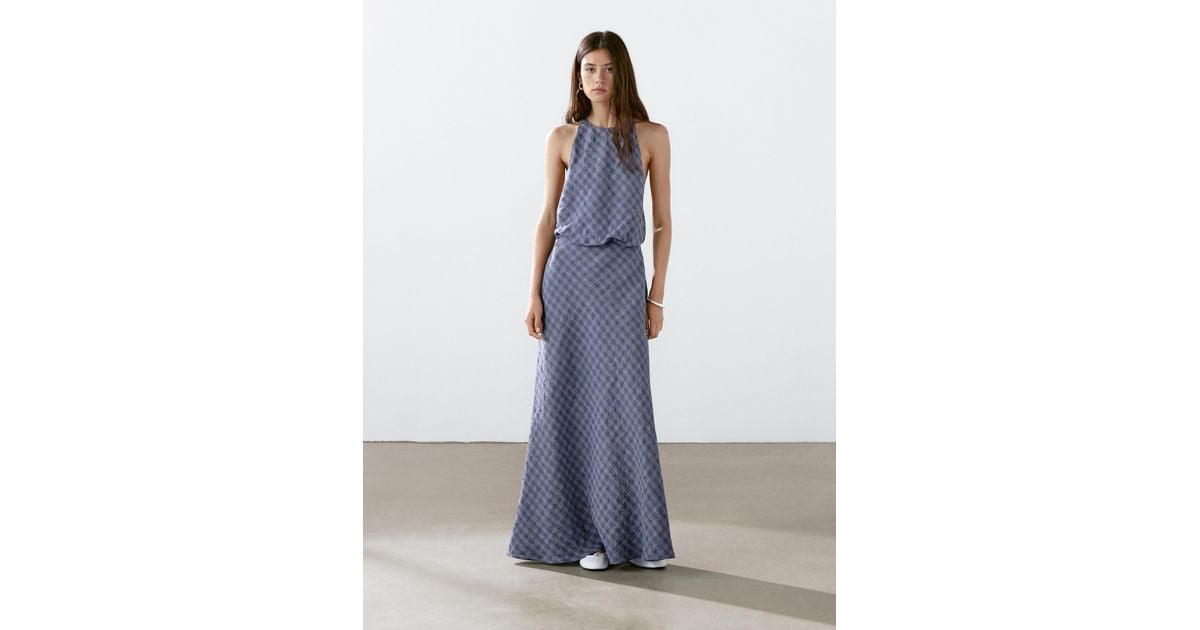 MASSIMO DUTTI Long Checked Dress With Back Detail in Blue