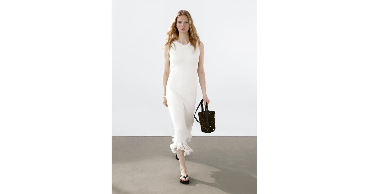 MASSIMO DUTTI Knit Dress With Fringed Hem in White | Lyst UK