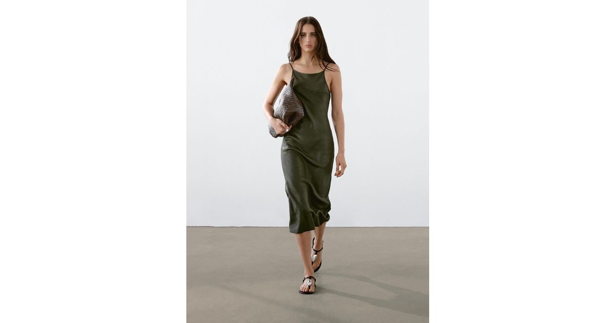 MASSIMO DUTTI Satin Halter Dress in Green | Lyst UK