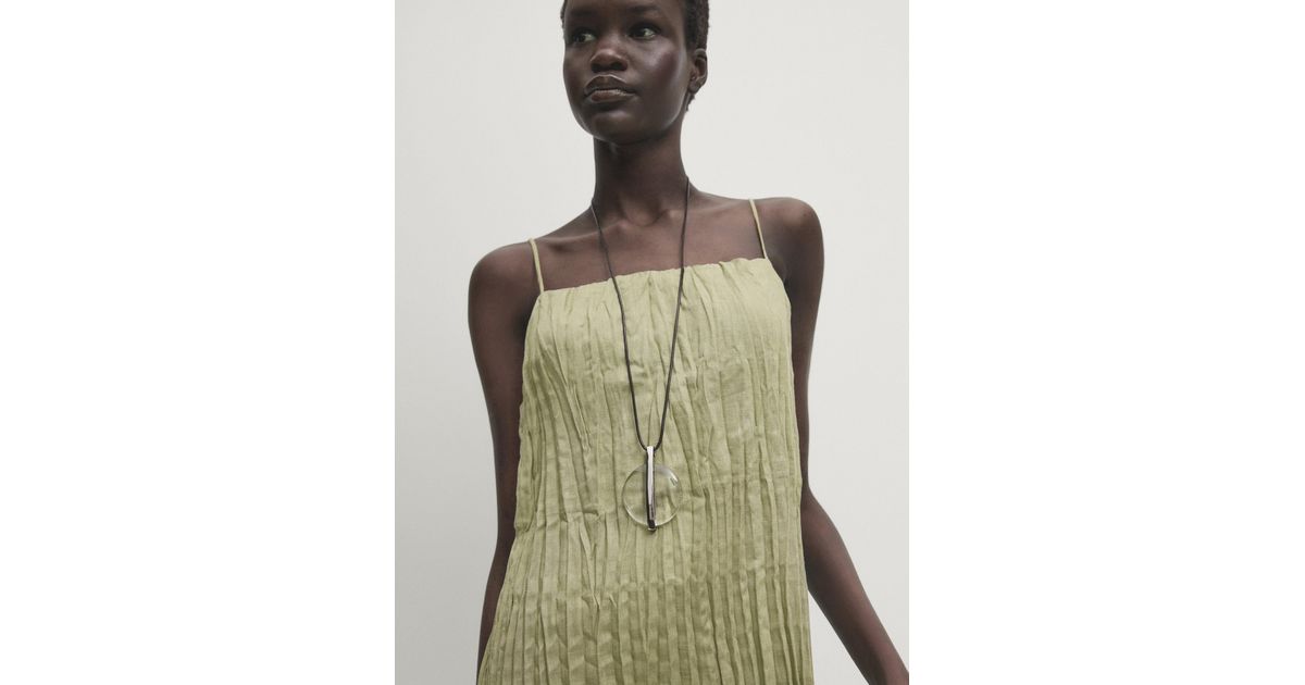 MASSIMO DUTTI Linen Blend Pleated Strappy Dress in Green | Lyst UK