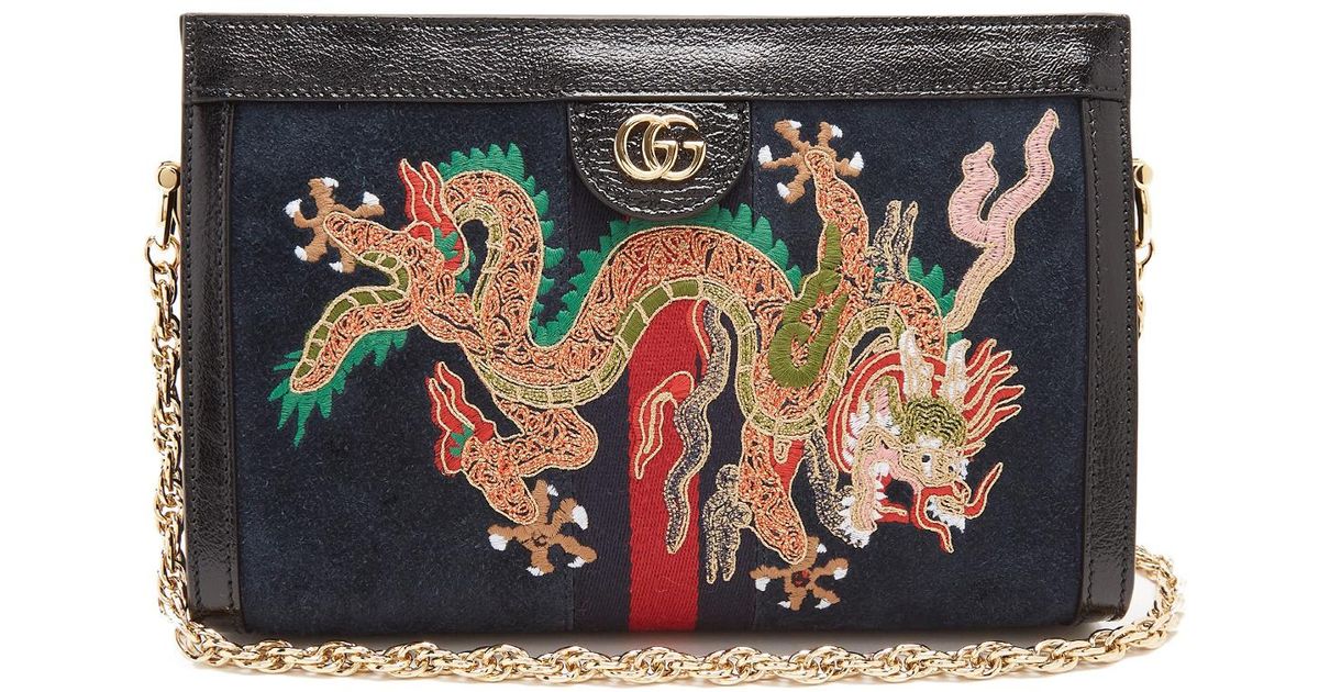 Gucci Ophidia Dragon-embroidered Suede Shoulder Bag in Black | Lyst