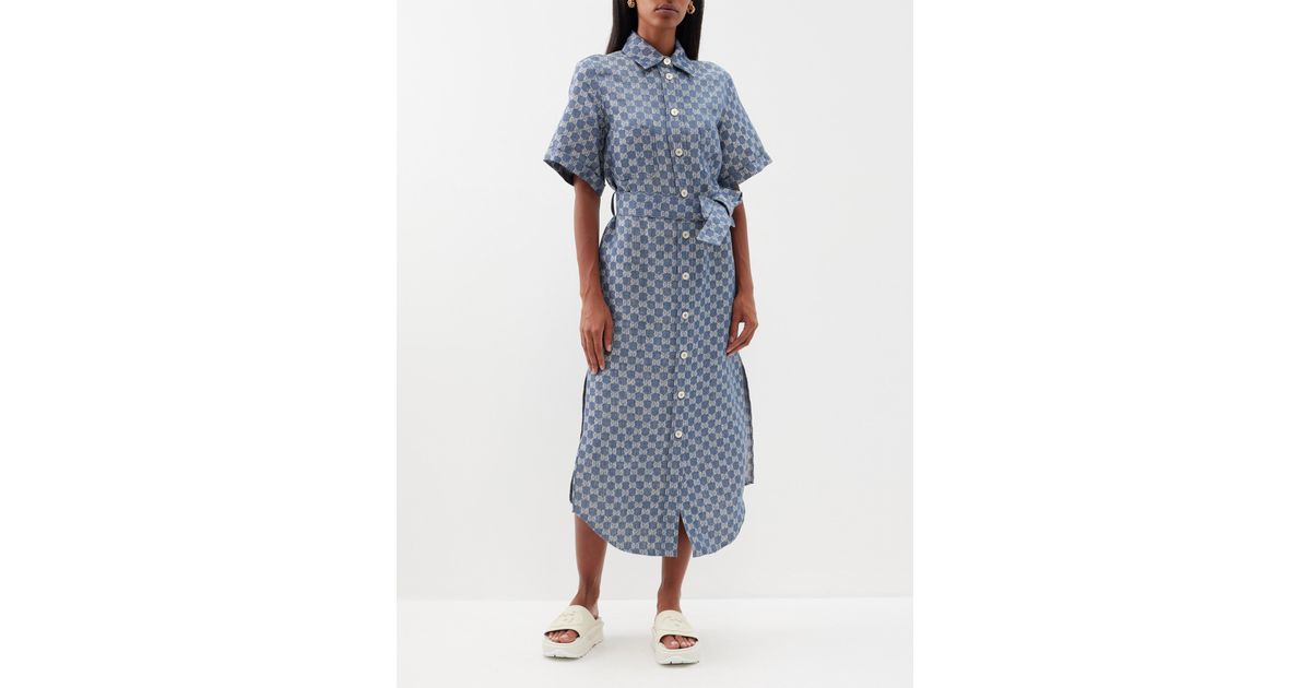 GUCCI GG-Jacquard Tie-Waist Linen Shirt Dress in Blue