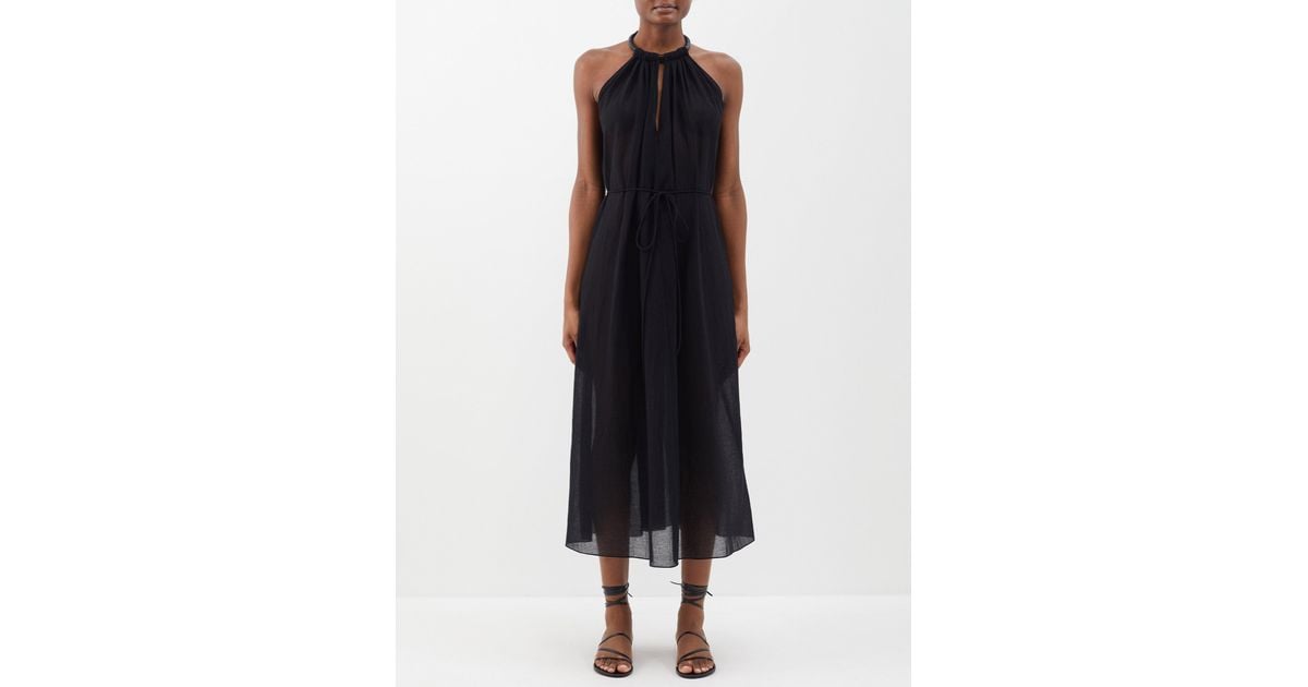 Three Graces London Rhian Crinkled Cotton-gauze Midi Dress in Black | Lyst