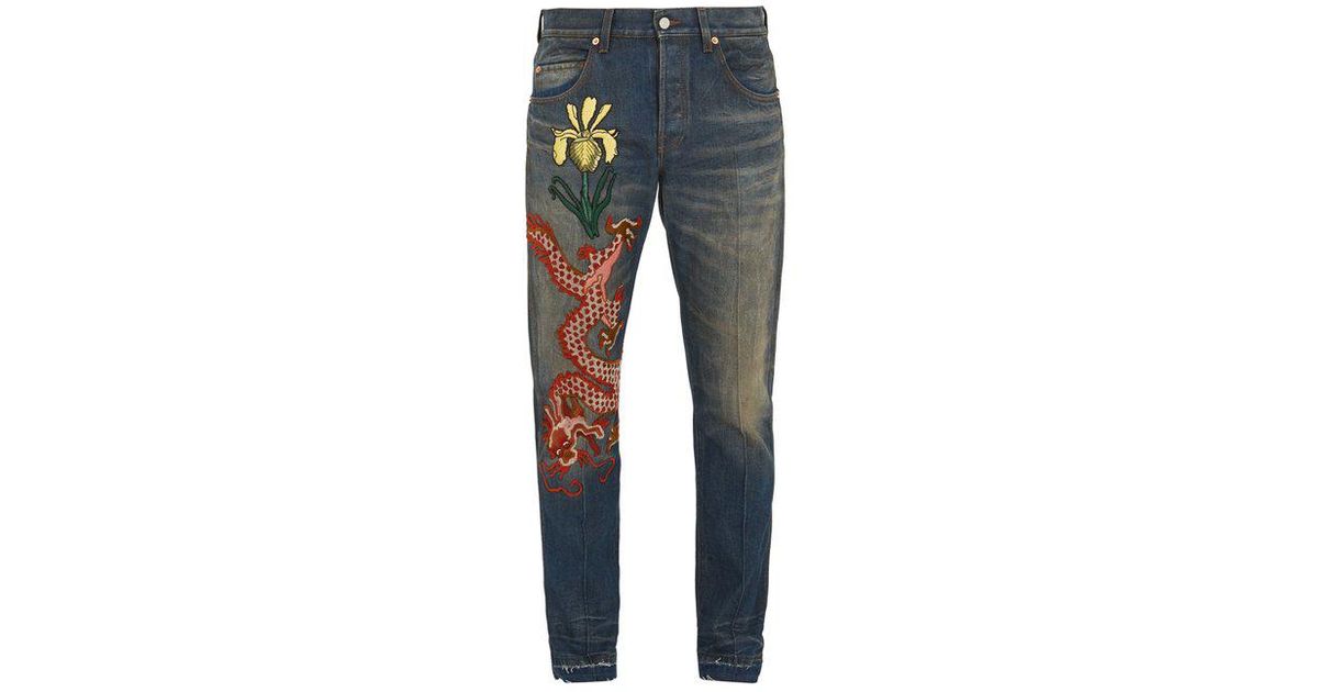 Gucci Denim Dragon-embroidered Appliqué Jeans in Blue for Men | Lyst Canada