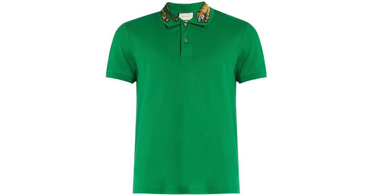 Gucci Slimfit Embroidered Stretchcotton Piqué Polo Shirt in Green for