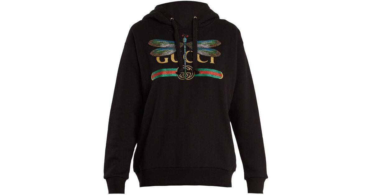 Gucci Dragonfly And Logo-print Cotton Hooded Sweatshirt in Black | Lyst