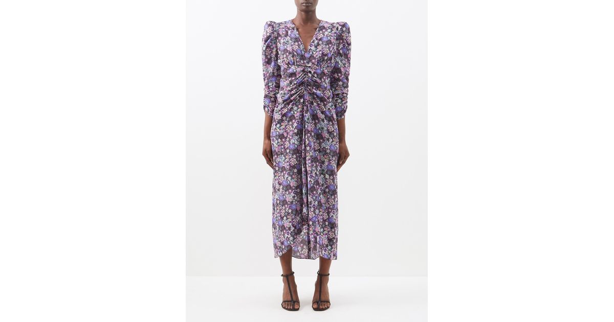 Isabel Marant Albini Floral-print Ruched Silk-blend Dress in Purple | Lyst