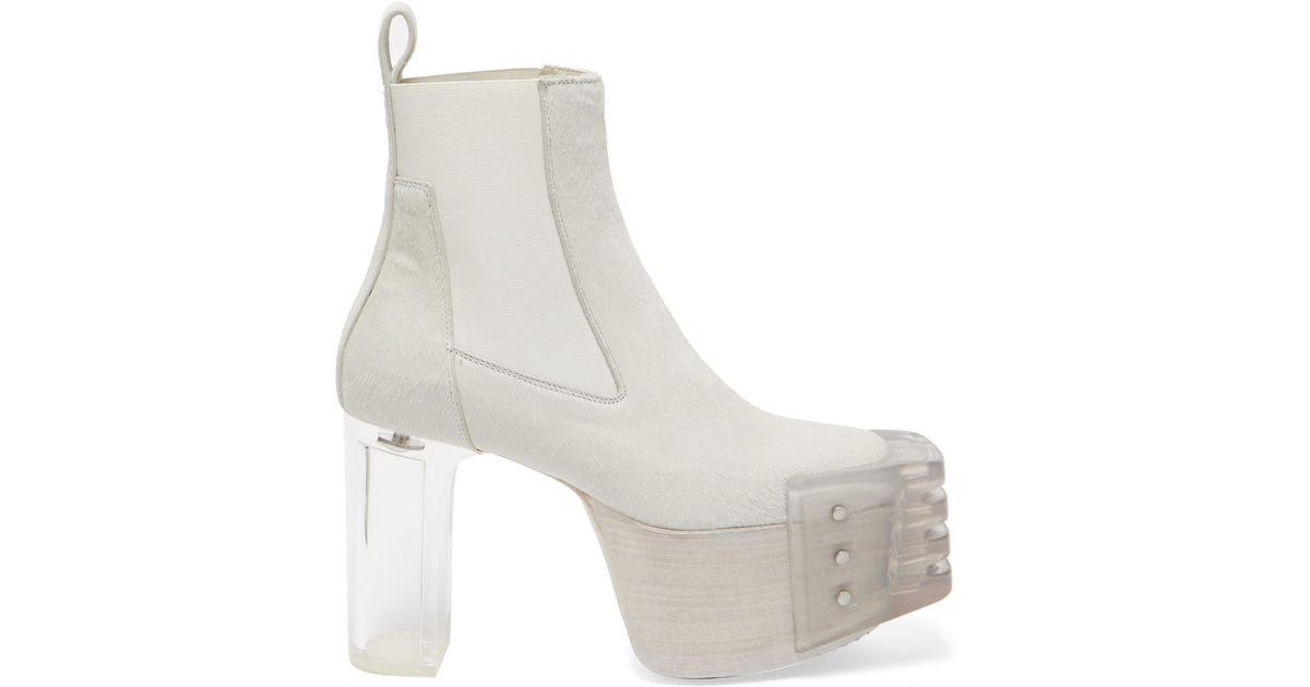 Rick Owens Kiss Plexi-heel Calf-hair Platform Boots in White