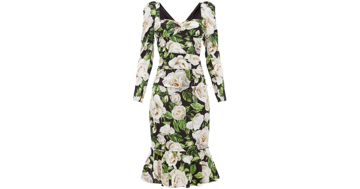 Dolce & Gabbana Rose-print Sweetheart-neck Silk-blend Dress in 