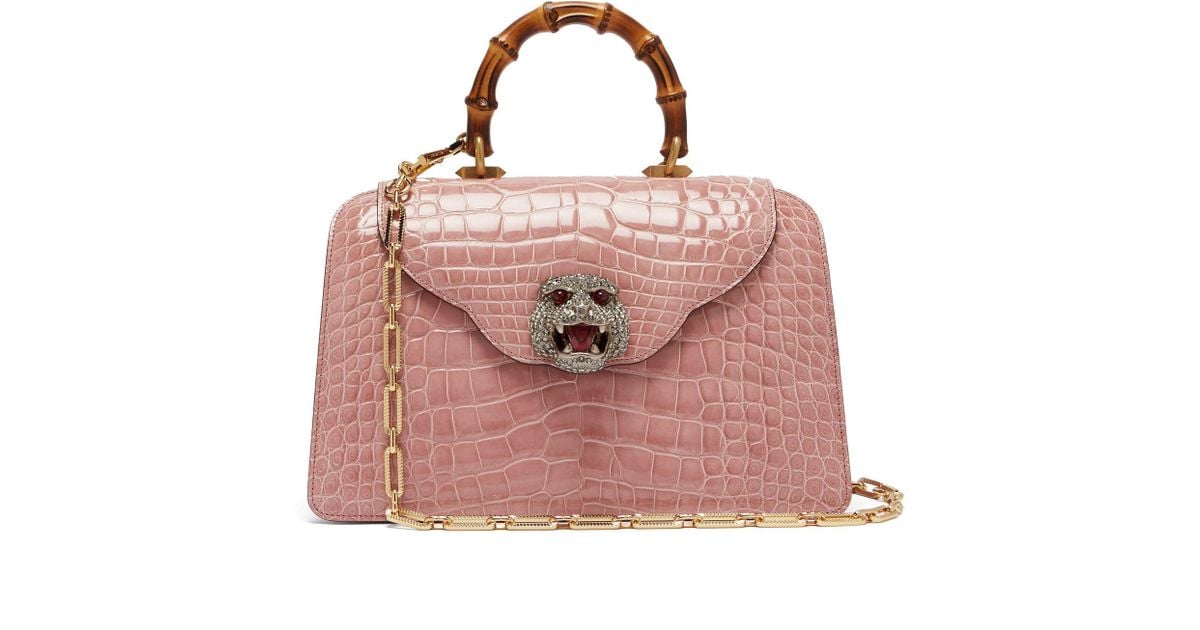 Gucci Thiara Bamboo Handle Crocodile Leather Bag in Pink