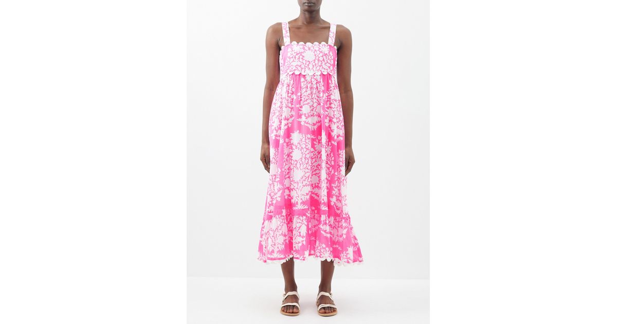 Juliet Dunn Square-neck Palladio-print Cotton Midi Dress in Pink | Lyst