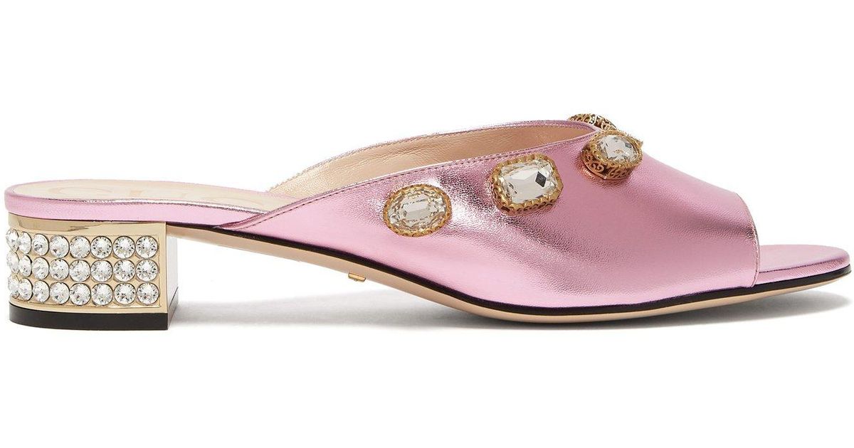 Gucci Lyric Crystal Embellished Leather Mules in Pink - Lyst