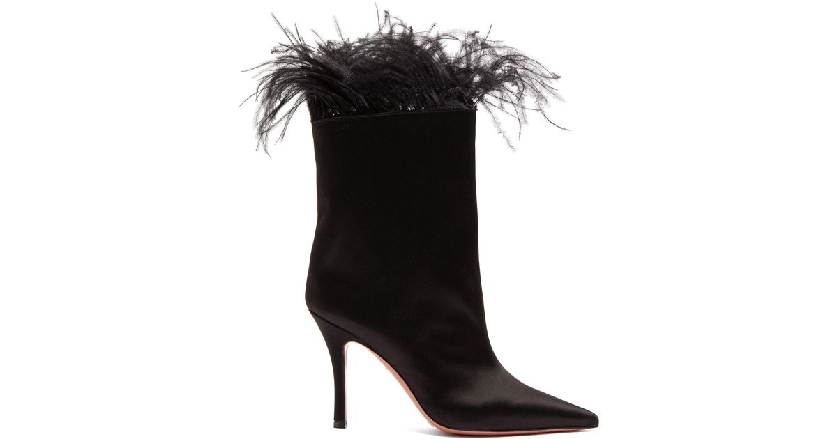 AMINA MUADDI Nakia Feather-trimmed Satin Ankle Boots in Black - Lyst