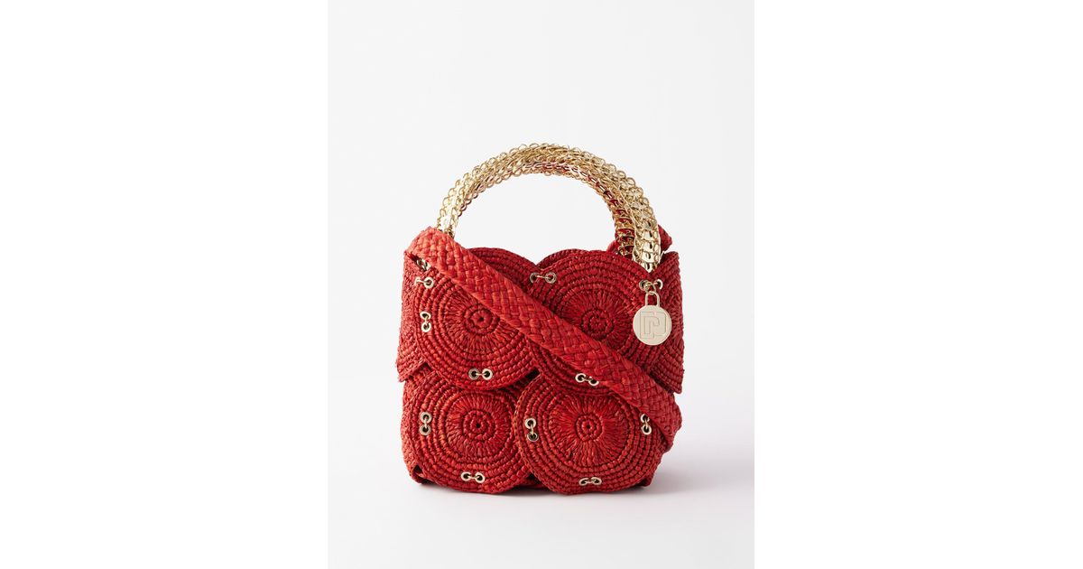 Paco Rabanne Eyelet Raffia And Chainmail Bucket Bag in Red | Lyst