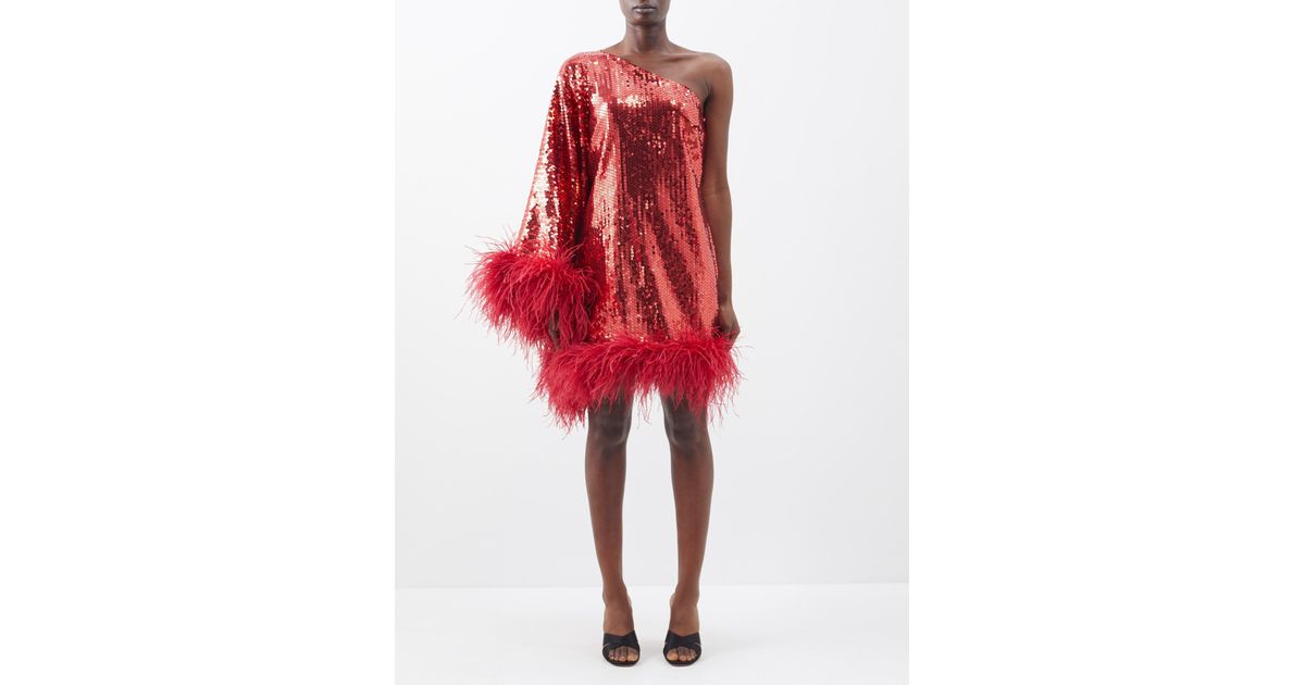 ‎Taller Marmo Piccolo Disco Feathertrim Sequinned Crepe Dress in Red