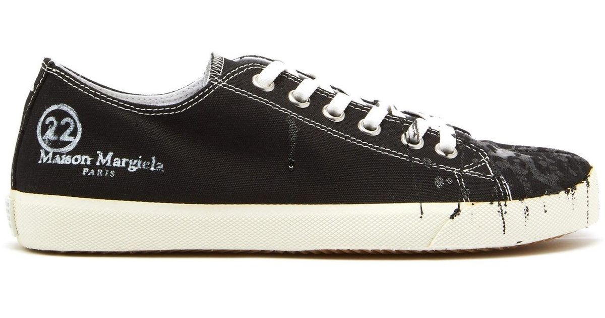 Maison Margiela Tabi Paint Splattered Canvas Low Top Trainers in Black
