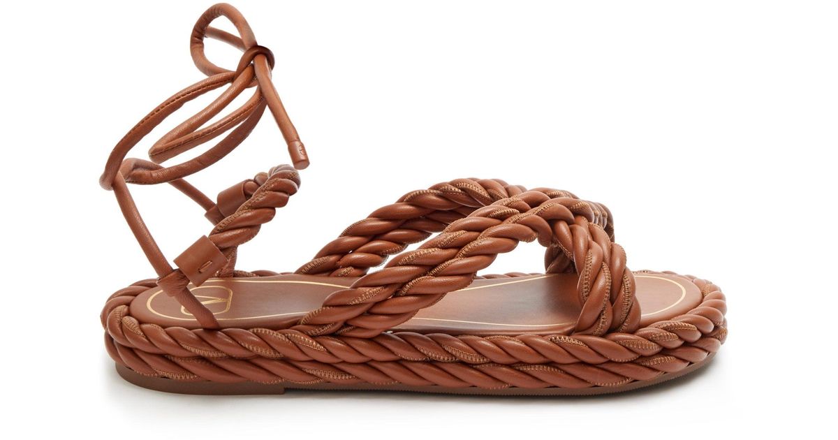 Valentino The Rope Ankle-tie Leather Sandals in Tan (Brown) - Lyst