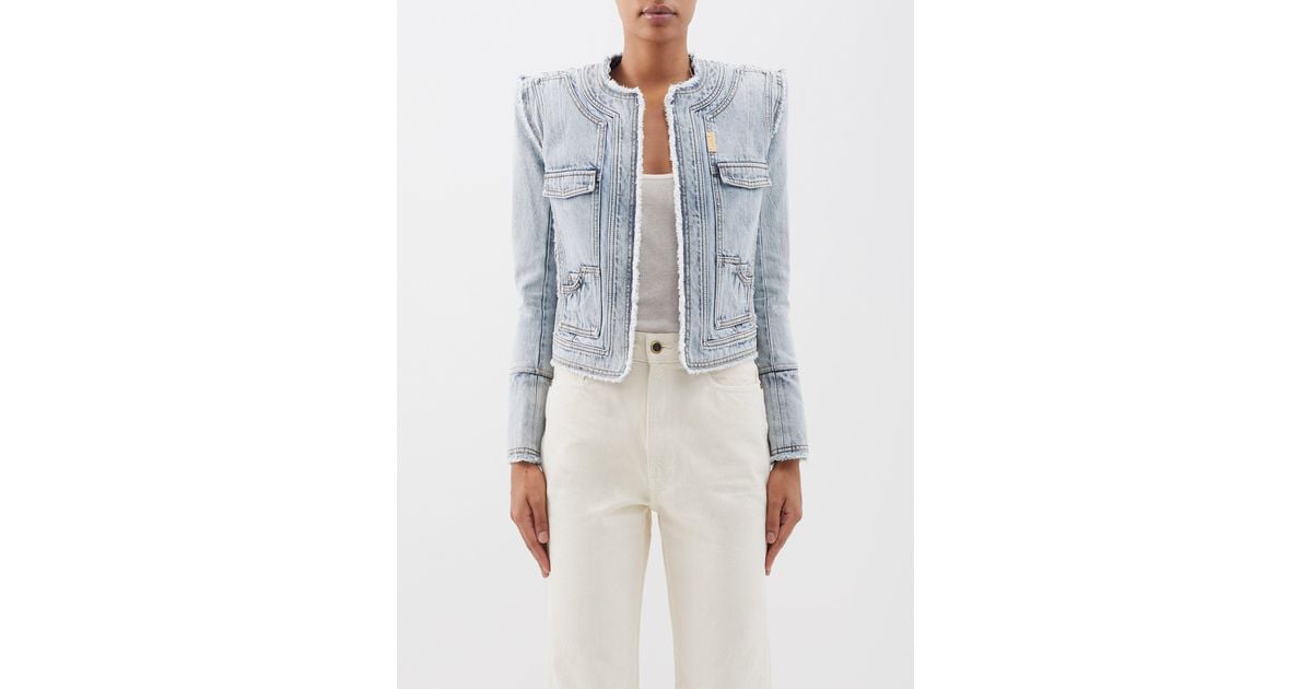 Balmain women's light blue denim jacket with gold accents – Loop Generation