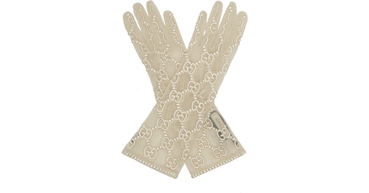 Gucci Tulle Strawberry Embroidered Gloves in White –