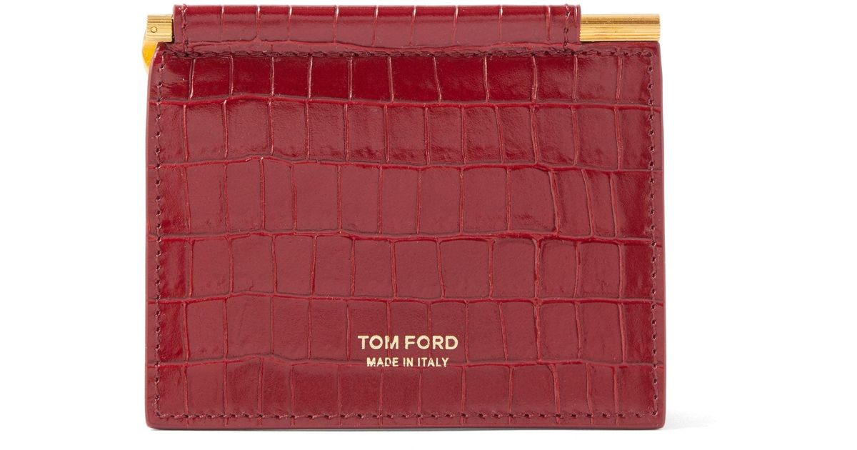 Tom Ford T Line Crocodileeffect Leather Card Holder in Dark Red (Red