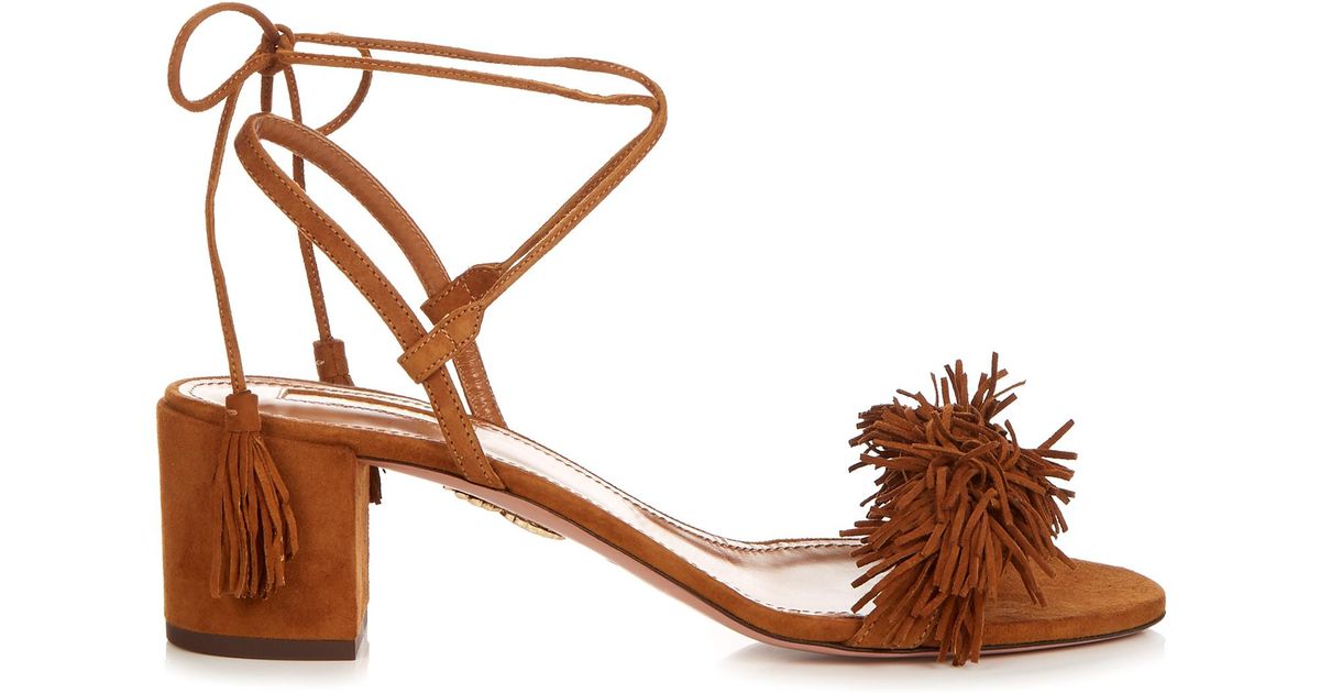 Aquazzura Wild Thing Fringed Block-heel Suede Sandals in Brown | Lyst