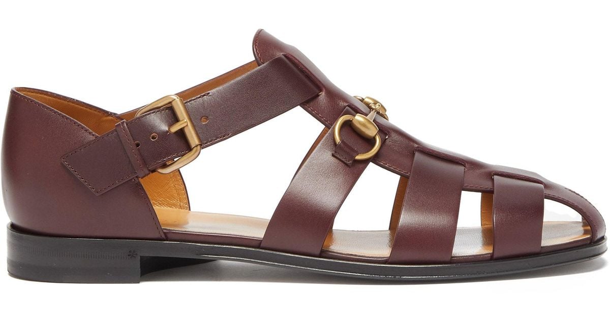 Gucci Elektra Horsebit Leather Fisherman Sandals in Burgundy (Brown