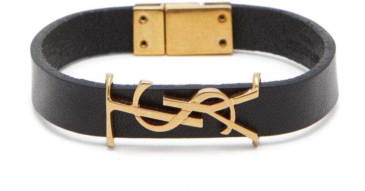 Saint Laurent Black Ysl-plaque Leather Bracelet for men