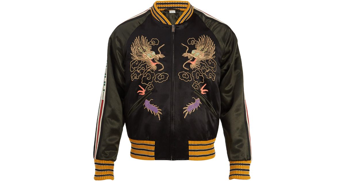 Gucci Satin Dragon Embroidered Bomber Jacket in Black for Men | Lyst UK
