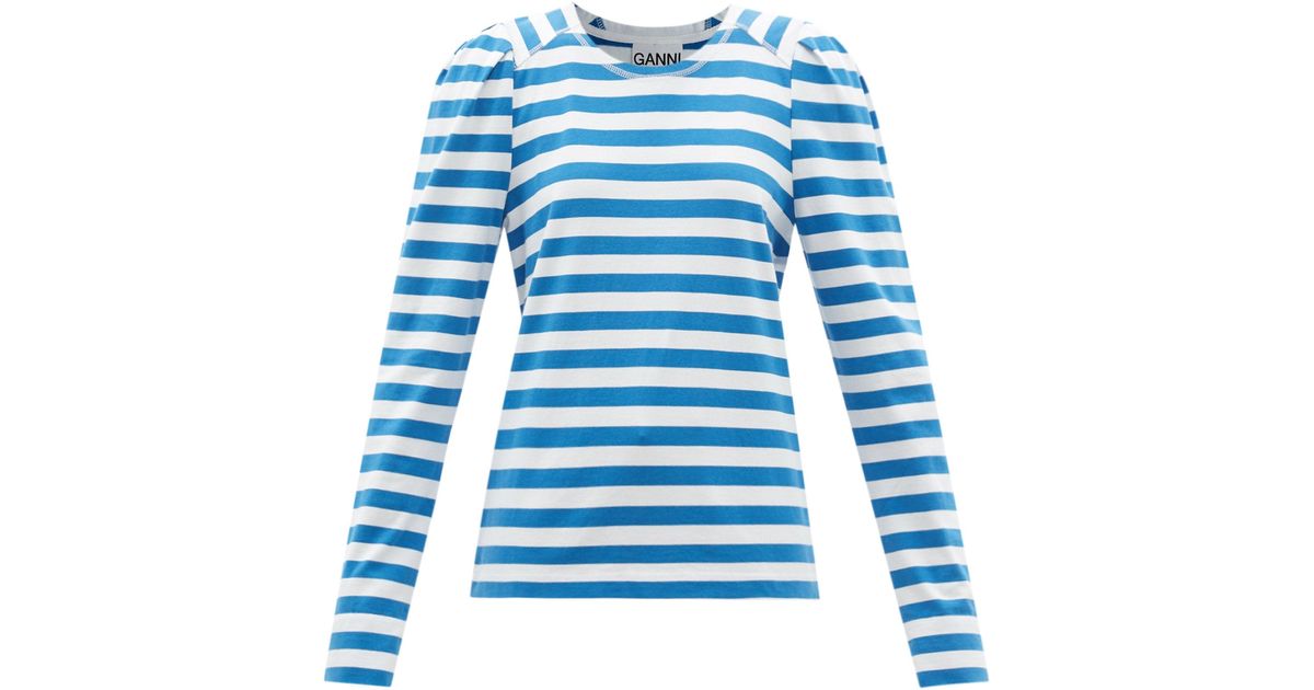 Ganni Pleated Striped Organic-cotton Jersey T-shirt in Blue White (Blue