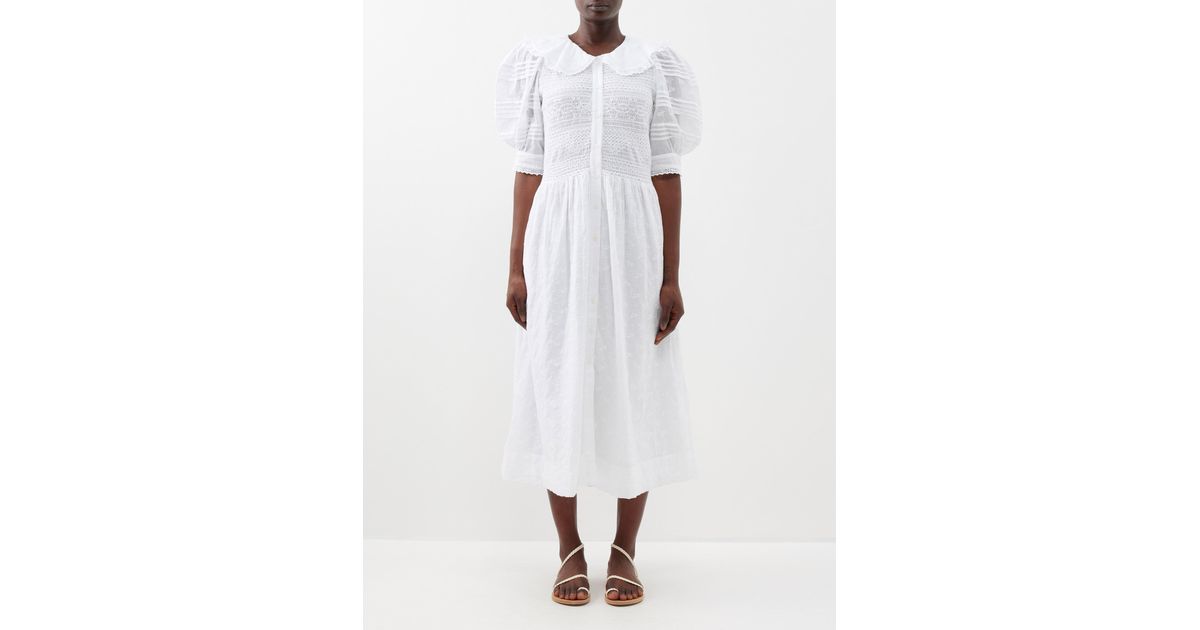 Sea Olga Smocked Embroidered-cotton Shirt Dress in White | Lyst