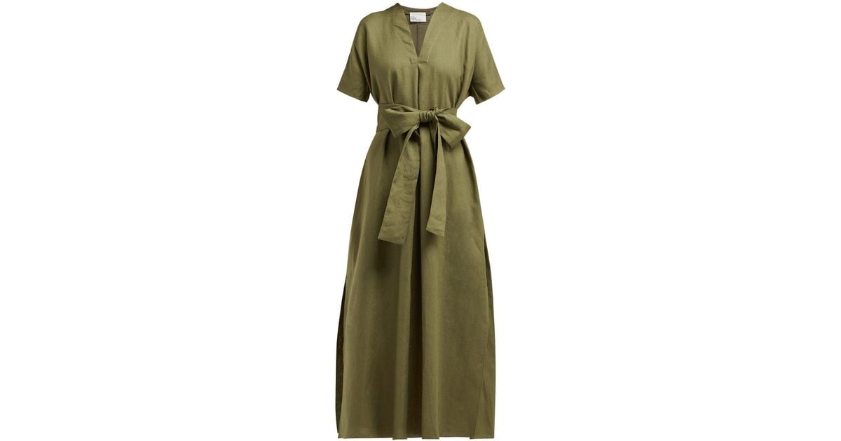 Lisa Marie Fernandez Rosetta V-neck Linen Midi Dress in Green | Lyst