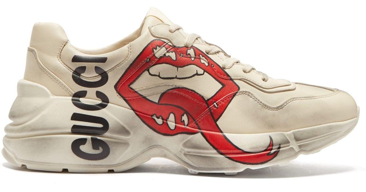 Gucci Rhyton Mouth And Logo-print Leather Trainers in Ivory (White ...