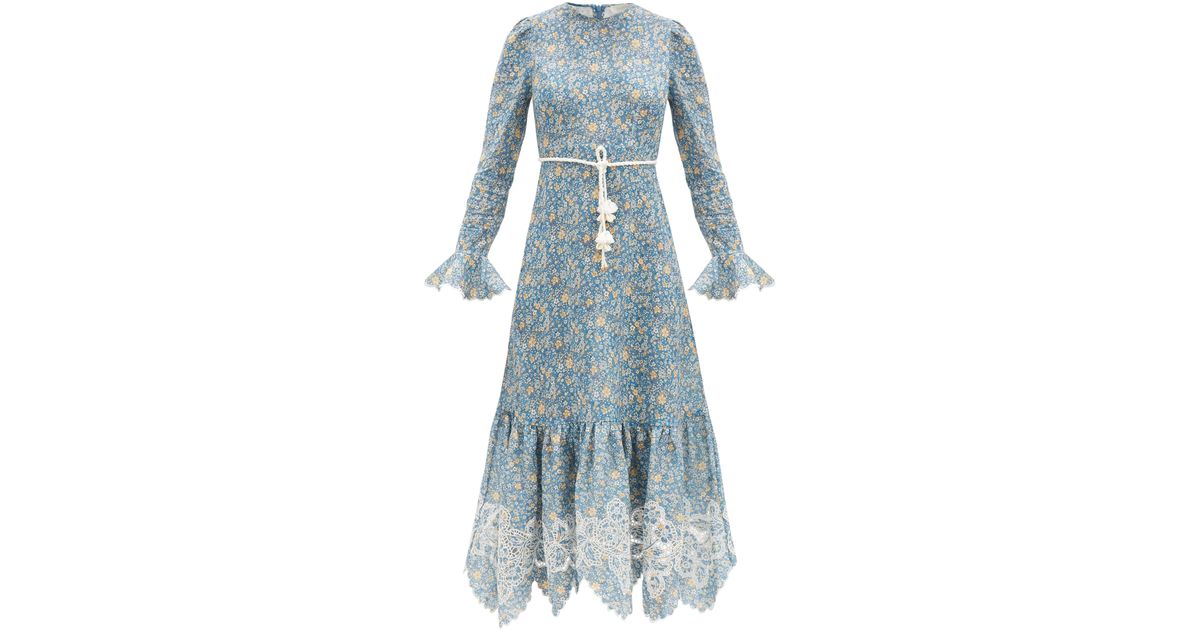 Zimmermann Carnaby Ropebelt Floralprint Linen Midi Dress in Blue