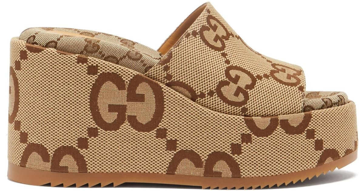 Gucci Angelina Ggmonogram Wedge Slides in Natural Lyst Canada