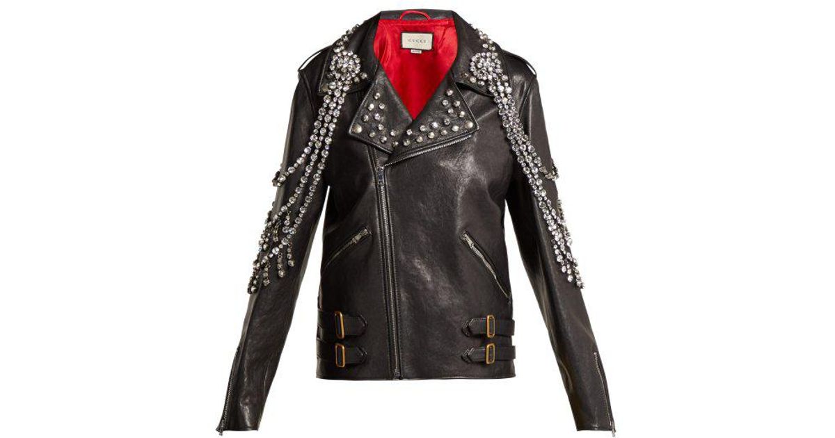 Gucci Black Yankees Crystal Embellished Leather Biker Jacket