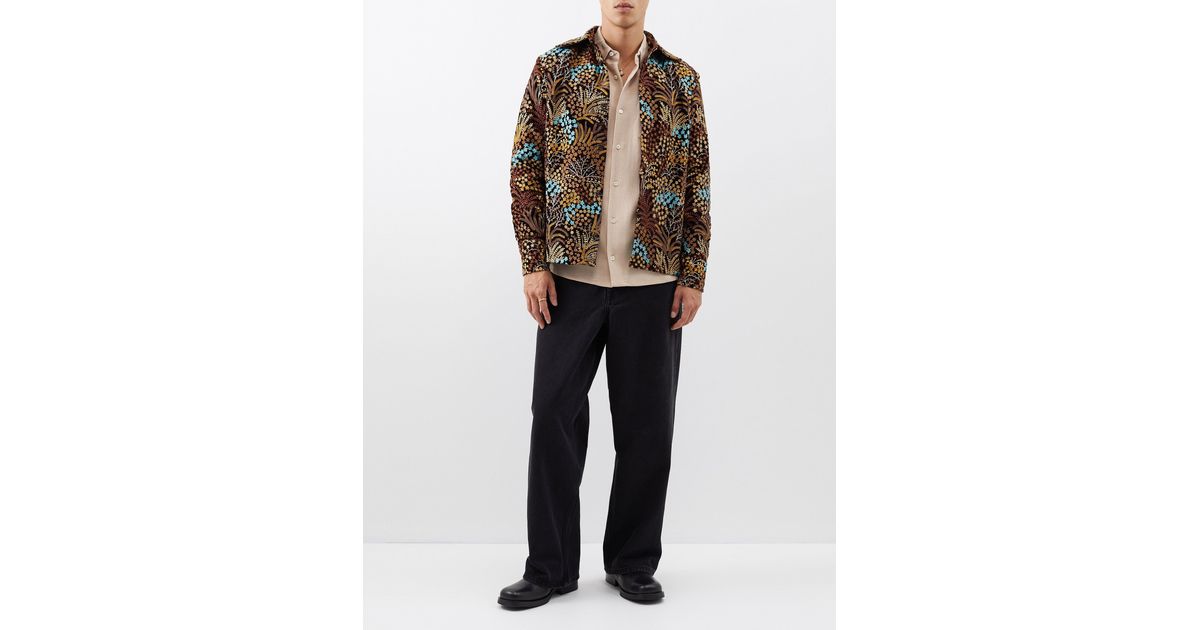 Séfr Halva Floral-embroidered Velvet Overshirt in Black for Men