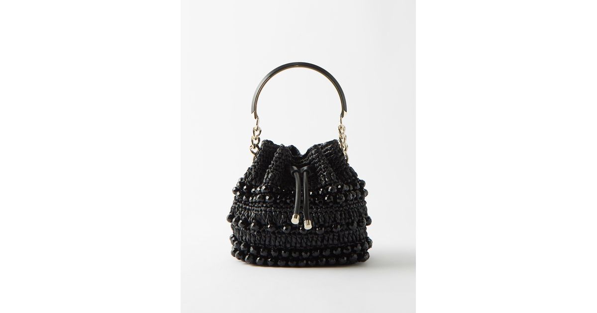 Jimmy Choo Bon Bon Beaded Crochet-raffia Bucket Bag in Black | Lyst ...