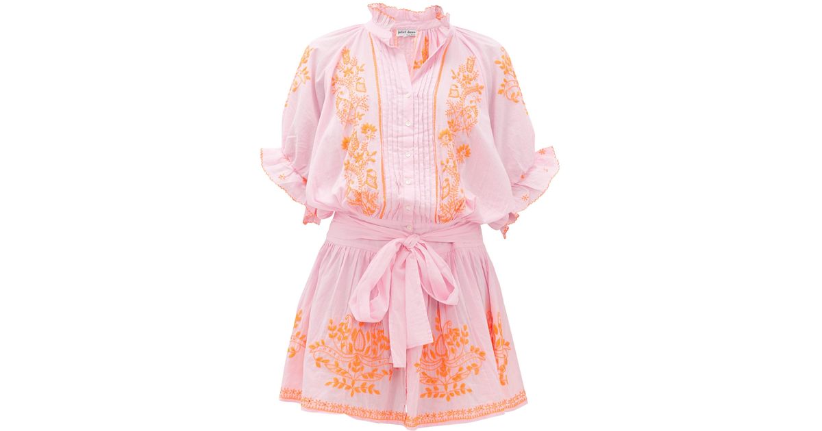 Juliet Dunn Ruffled High-neck Embroidered-cotton Blouson Dress in Pink