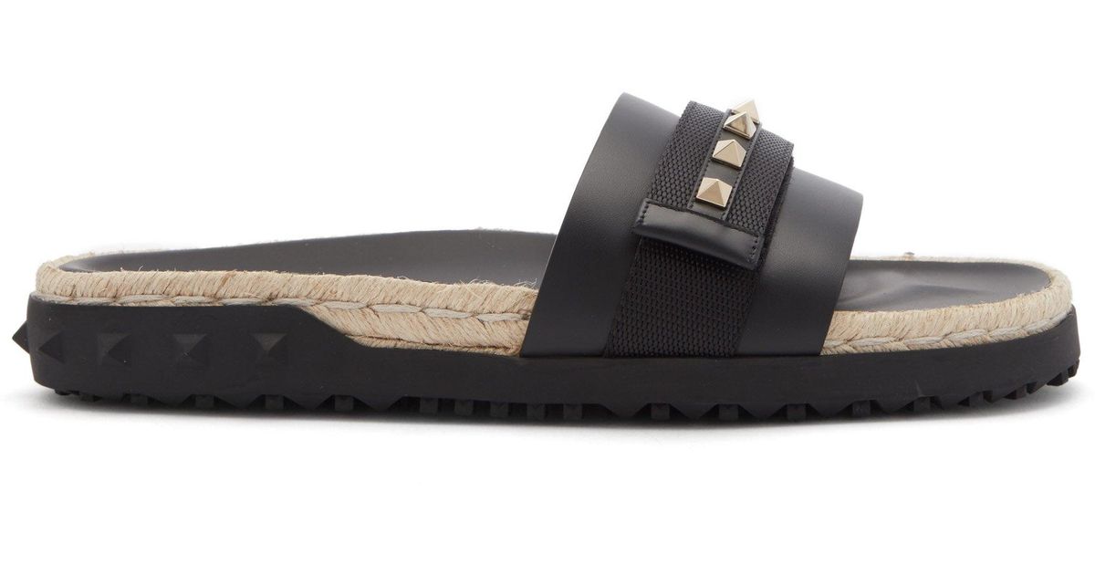 Valentino Garavani Rockstud Leather Espadrille Slides in Black - Lyst