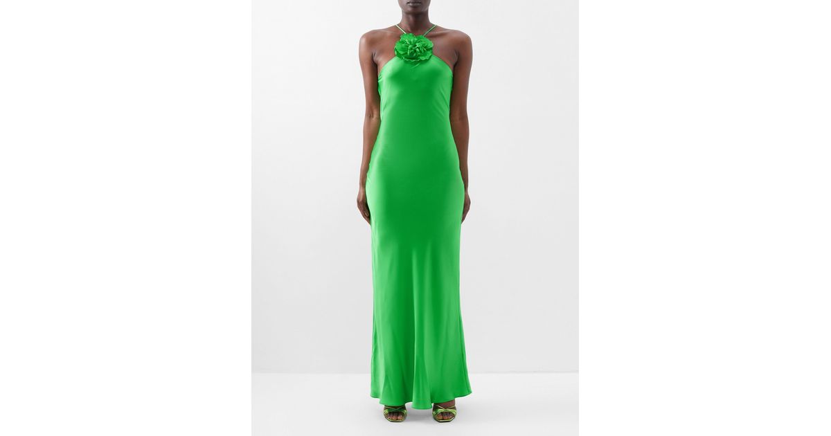 Rodarte Halterneck Floral-appliqué Silk-satin Dress in Green | Lyst
