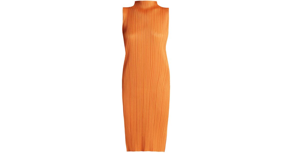 Pleats Please Issey Miyake High Neck Pleated Dress in Orange | Lyst