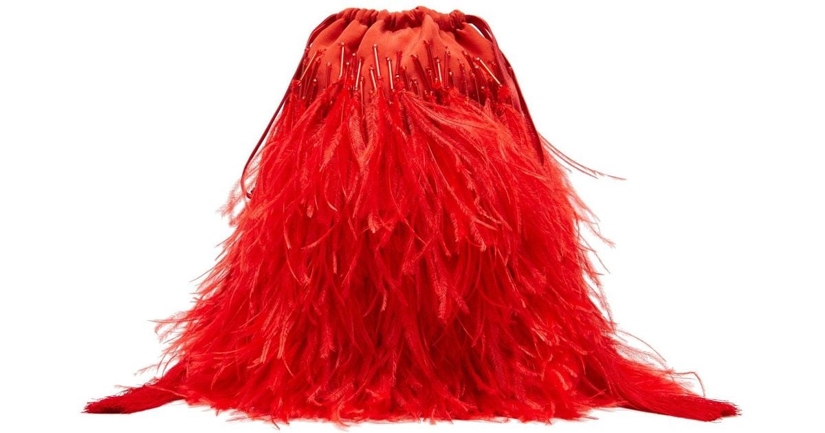 The Attico Beaded Ostrich Feather Satin Clutch Bag in Red
