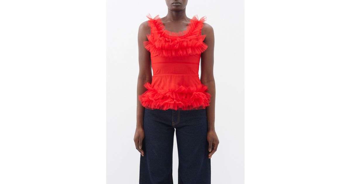 Molly Goddard Clarice Scoop-neck Ruffled-tulle Top in Red | Lyst