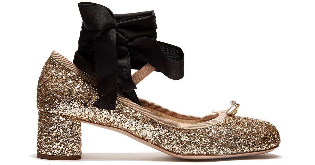 Miu Miu Leather Glitter BlockHeel Ballet Pumps in Gold (Metallic) Lyst UK