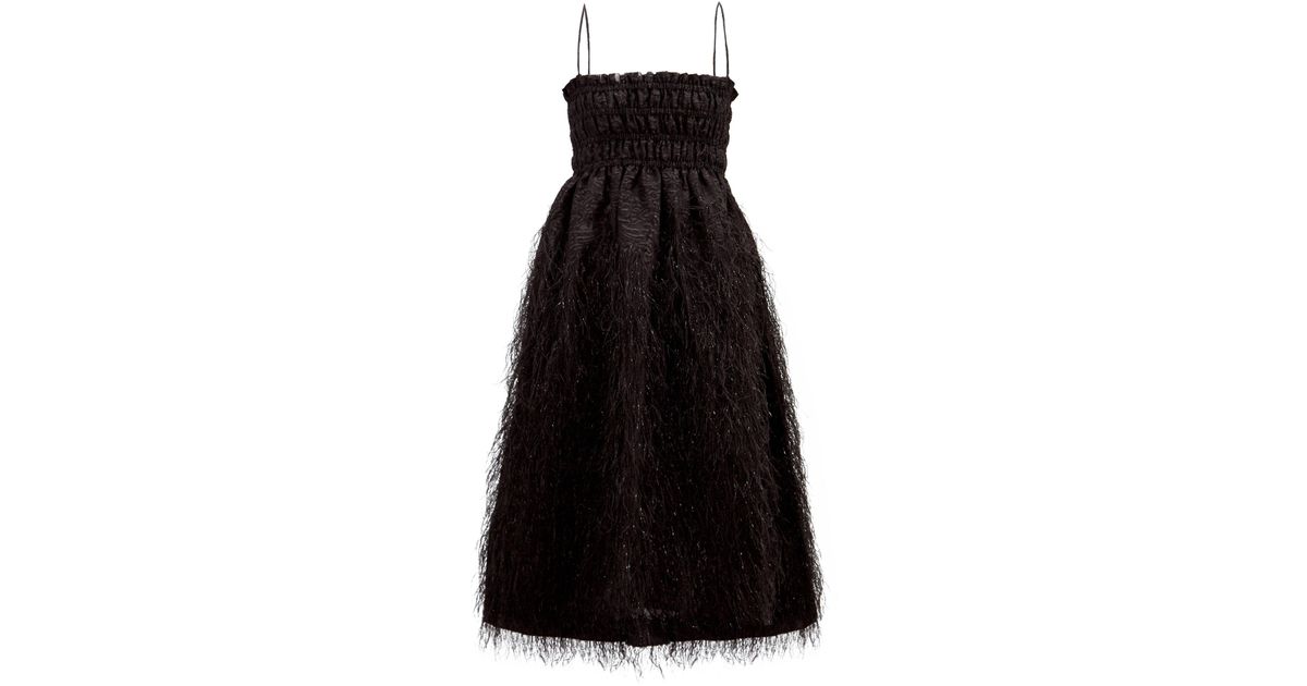 Ganni Feather-trimmed Shirred Baroque-brocade Midi Dress in Black | Lyst