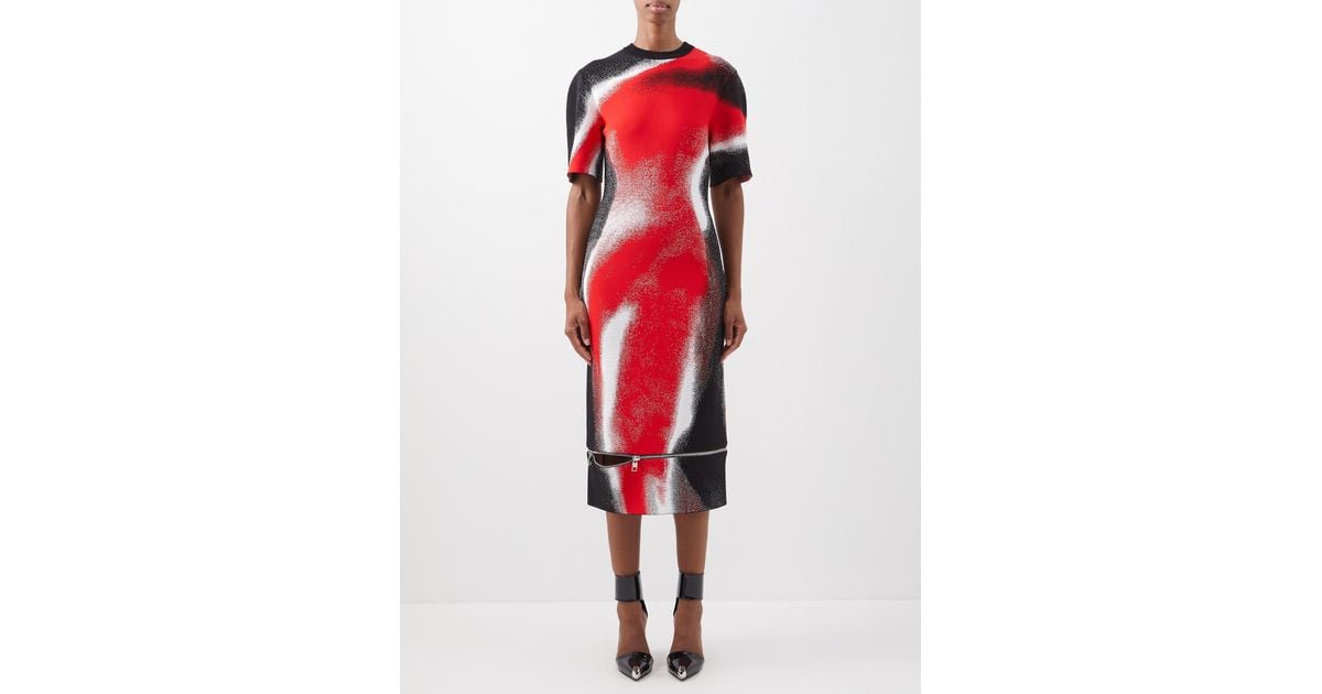 Alexander McQueen Spray Paintjacquard Zippedhem Knit Dress in Red